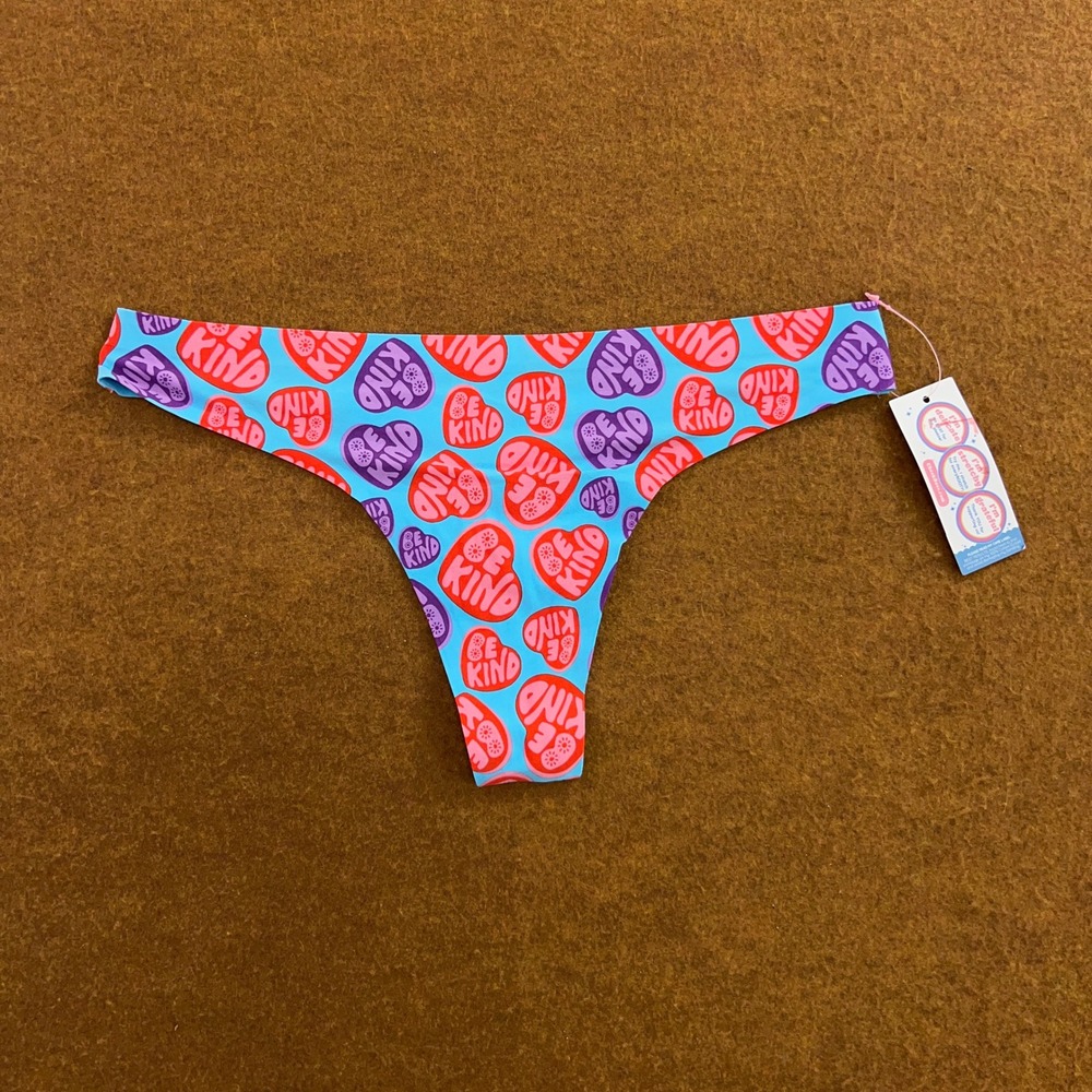 Cheek Boss Womens Medium Blue Be Kind Heart Print Seamless Thong Panty NWT